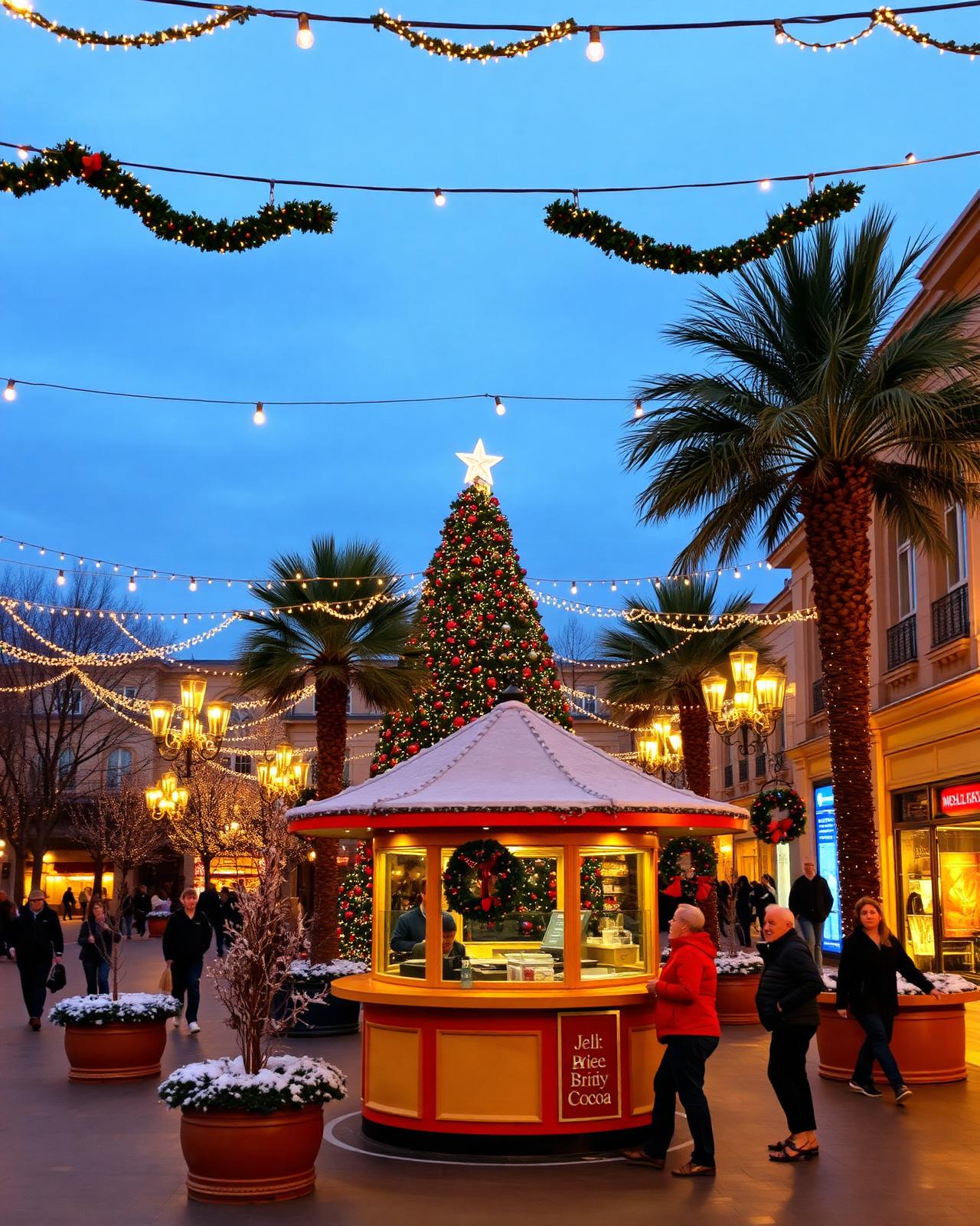 Downtown Disney at Christmastime with a tall decorated tree, garlands, twinkle lights, and a walk-up cocoa kiosk