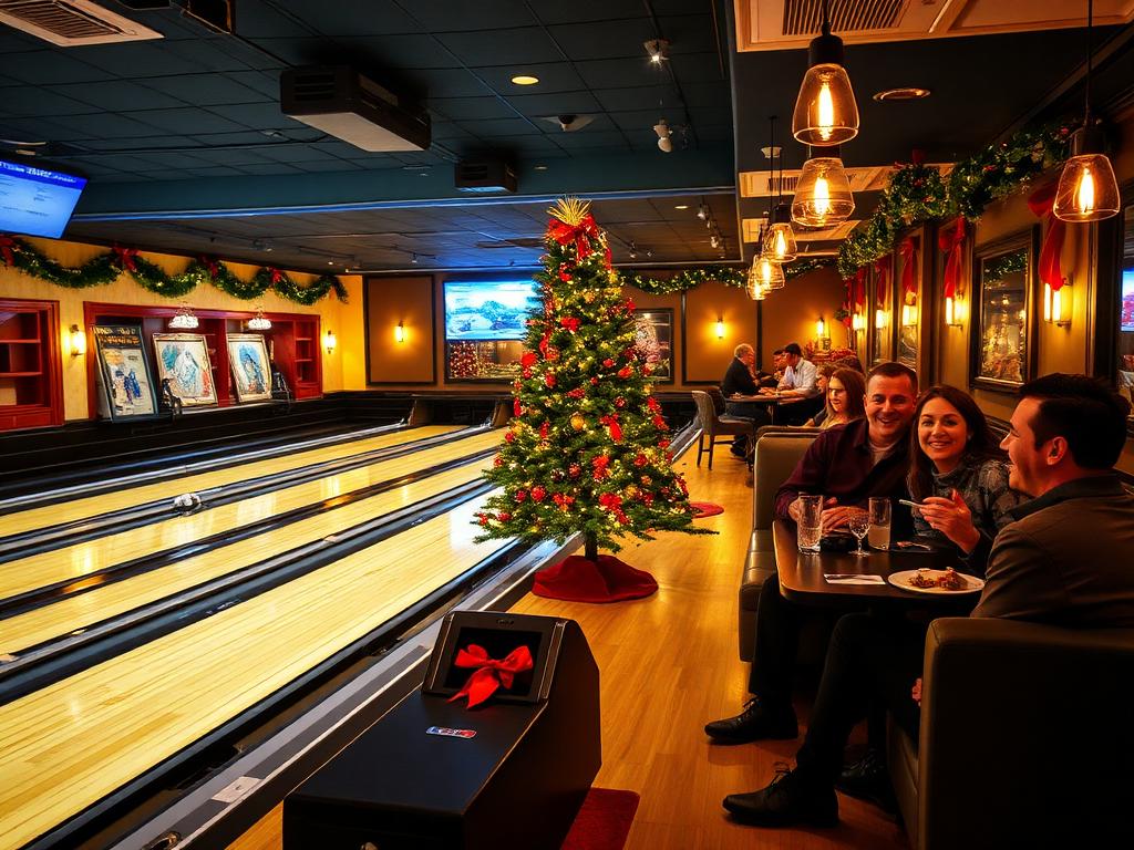 Bowling lounge decorated for Christmas with a lit tree beside the lanes and friends enjoying drinks