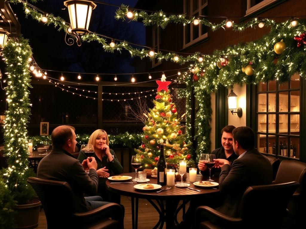 Friends dining outdoors under garlands and string lights with a small decorated Christmas tree beside the table