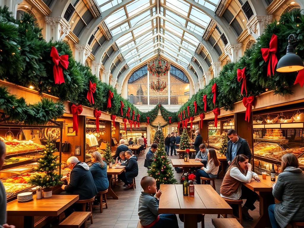 Bright food hall decorated with garlands, red bows, and small Christmas trees, families dining together