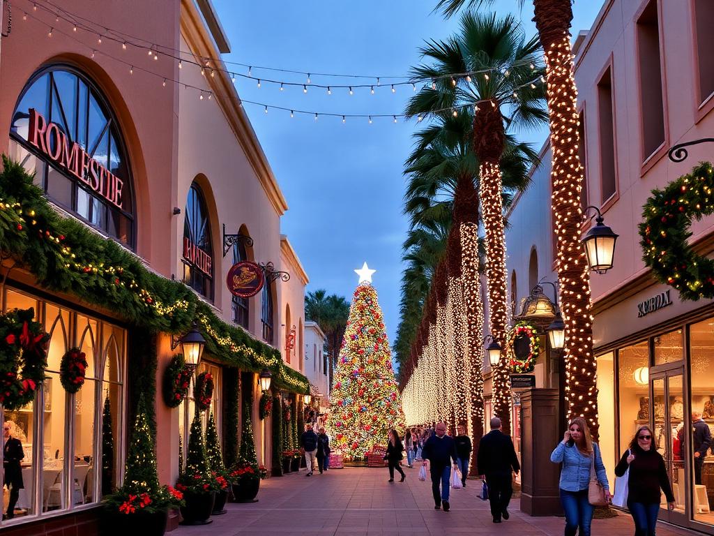 Outdoor shopping promenade at Christmastime with a tall lit tree, garlands, and palm trees wrapped in lights